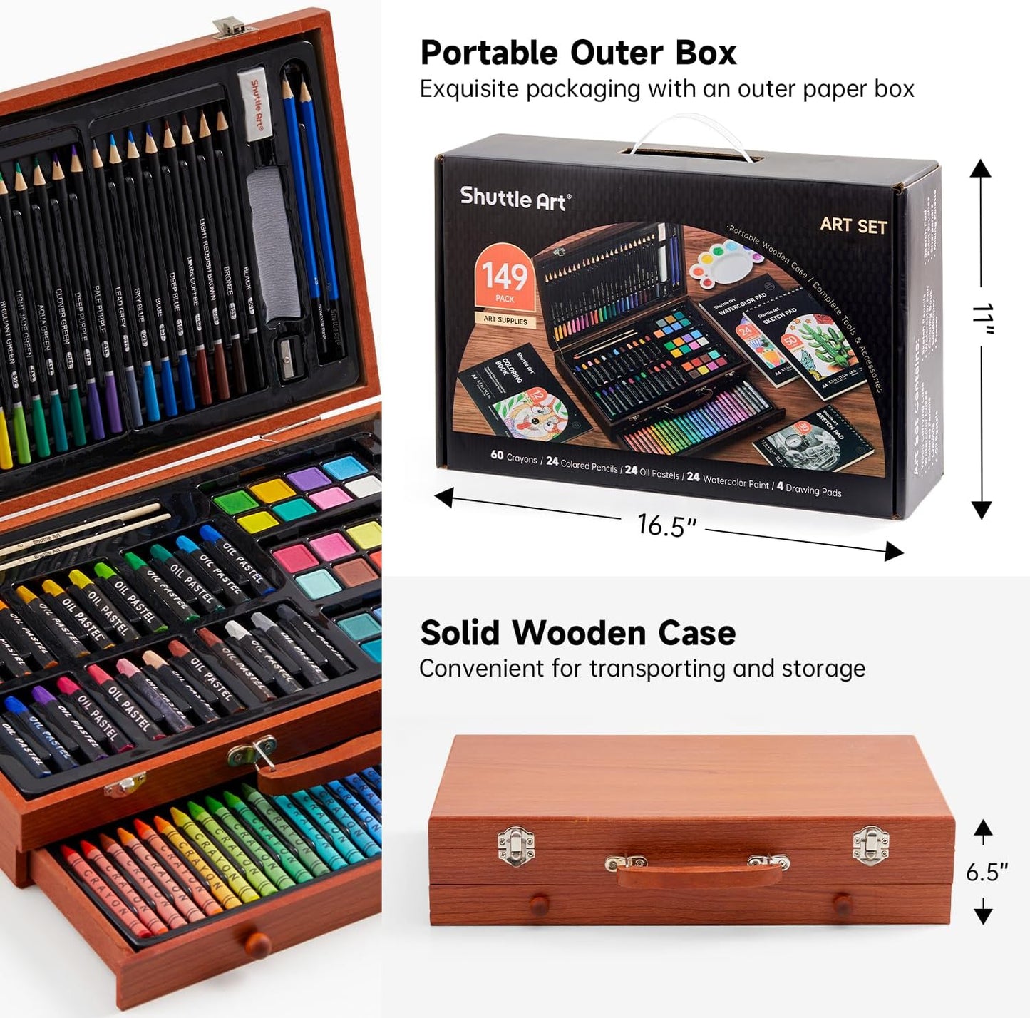Shuttle Art 186 Piece Deluxe Art Set, Wooden Case, Art Supplies for Kids, Teens & Adults