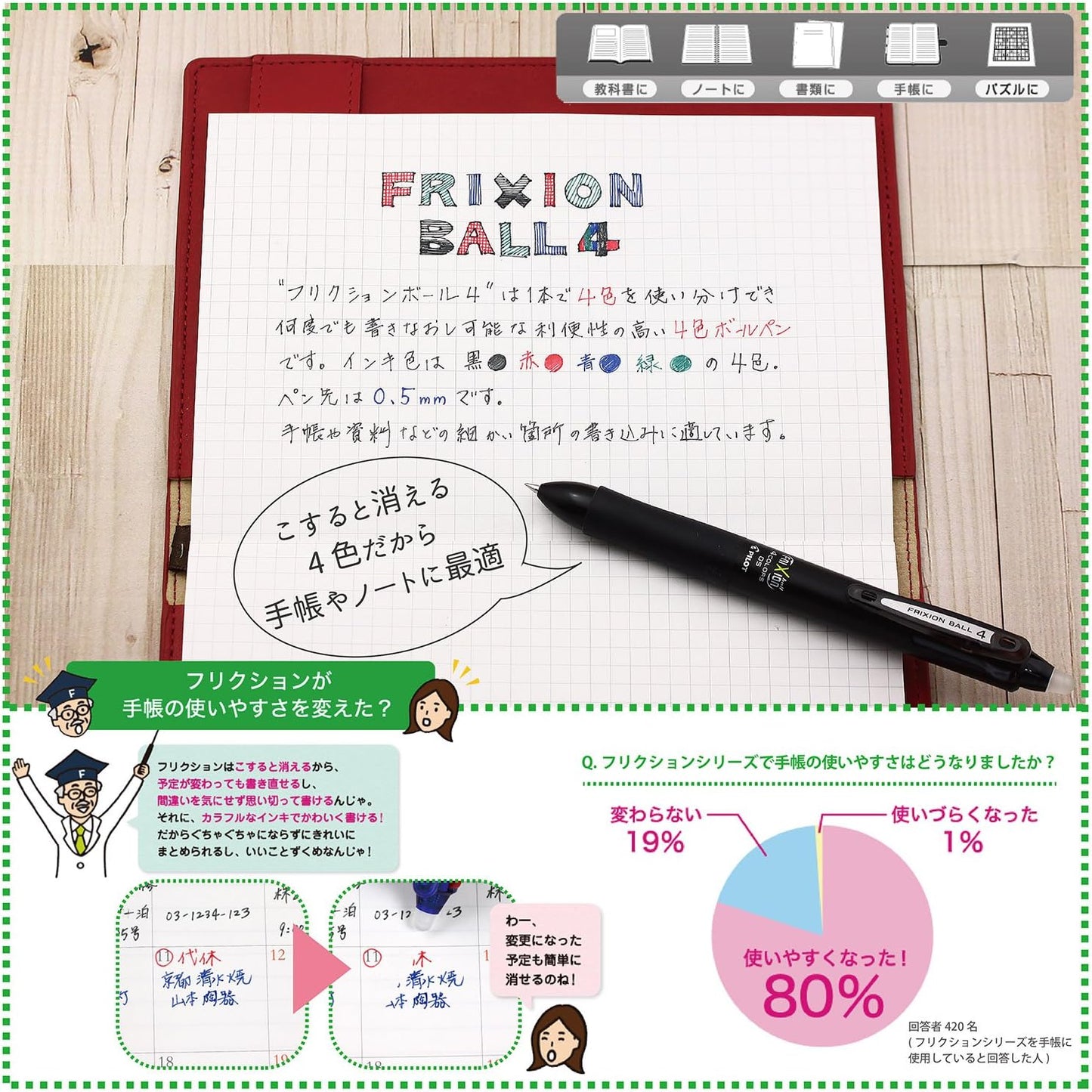 PILOT Frixion Ball Knock 4-Color Gel Ink Multi-Pen, Brown Body (LKFB-80EF-BN)