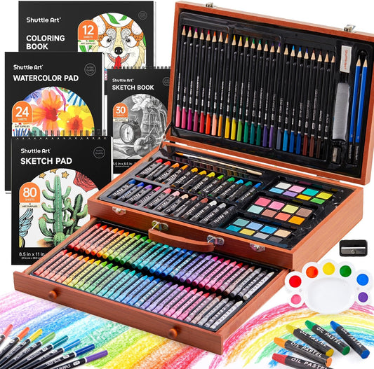 Shuttle Art 186 Piece Deluxe Art Set, Wooden Case, Art Supplies for Kids, Teens & Adults