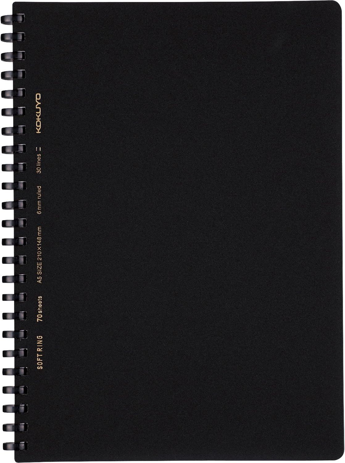 KOKUYO Spiral Lined Notebook, 8.3'' x 5.8'' Business Journal A5 Soft Ring Notebooks with A 6mm Ruled, 70 Perforated Sheets, Black 1 Subject Notebook, Note Taking for Work. Japan Import (SU-SV437B-D)
