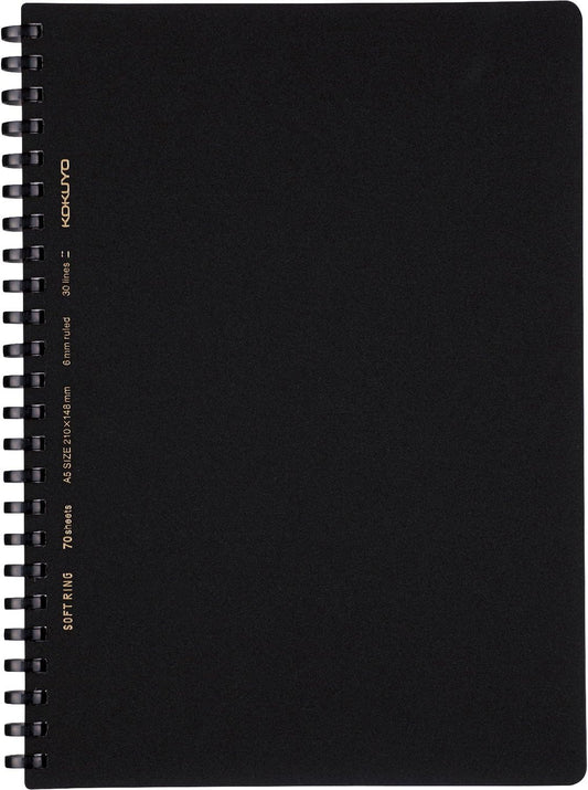 KOKUYO Spiral Lined Notebook, 8.3'' x 5.8'' Business Journal A5 Soft Ring Notebooks with A 6mm Ruled, 70 Perforated Sheets, Black 1 Subject Notebook, Note Taking for Work. Japan Import (SU-SV437B-D)