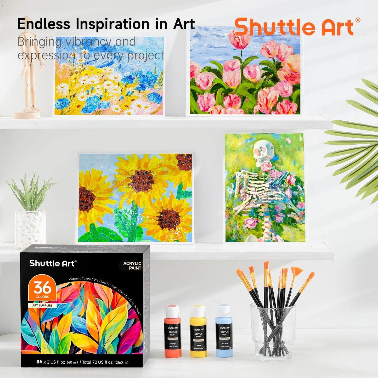 Shuttle Art Acrylic Paint Set, 36 Colors Acrylic Paint with Brushes & Palette, 2oz/60ml Bottles, Rich Pigments Non-toxic for Artists Kids & Adults, Painting on Canvas Rock Ceramic Wood