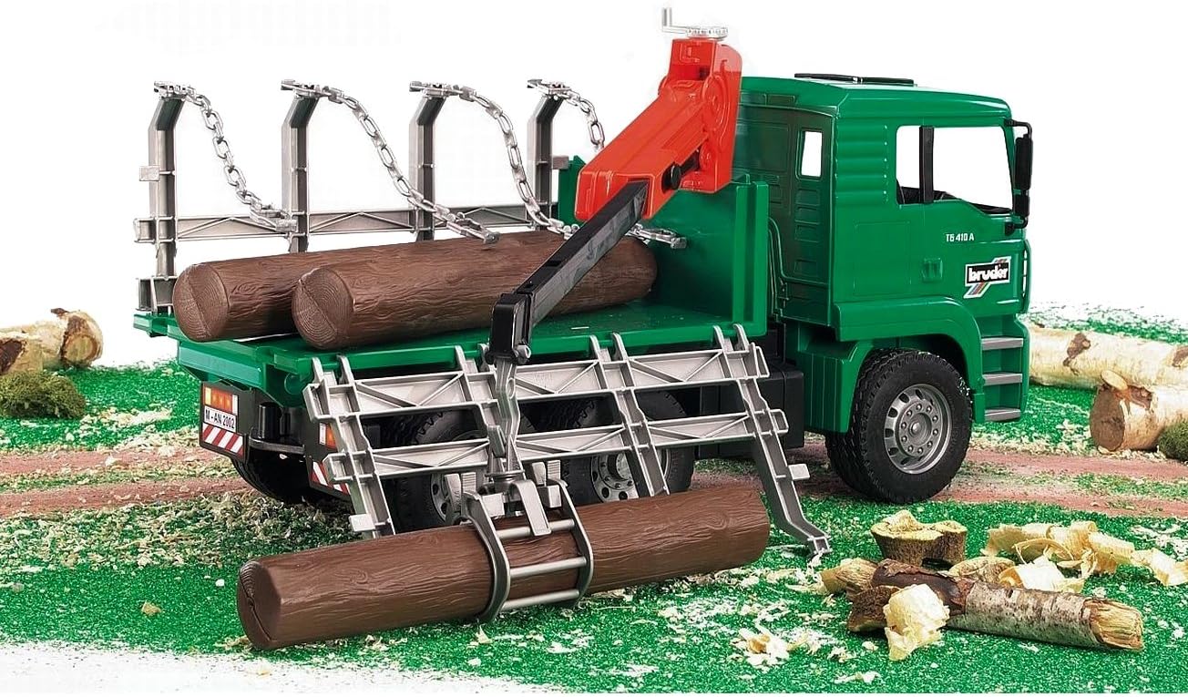 Bruder Toys - Forestry MAN Timber Truck with Fully Functioning Loading Crane, Tilting Loading Bed, and 3 Loadable Trunks - Ages 4+