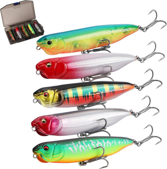 FLISSA 5PCS Top Water Fishing Lures Kits, Bass Fishing Lures for Freshwater & Saltwater, Realistic Hard Bait, Popper Fishing Lure with Treble Hooks for Trout, Bass, Salmon, Walleye Fishing