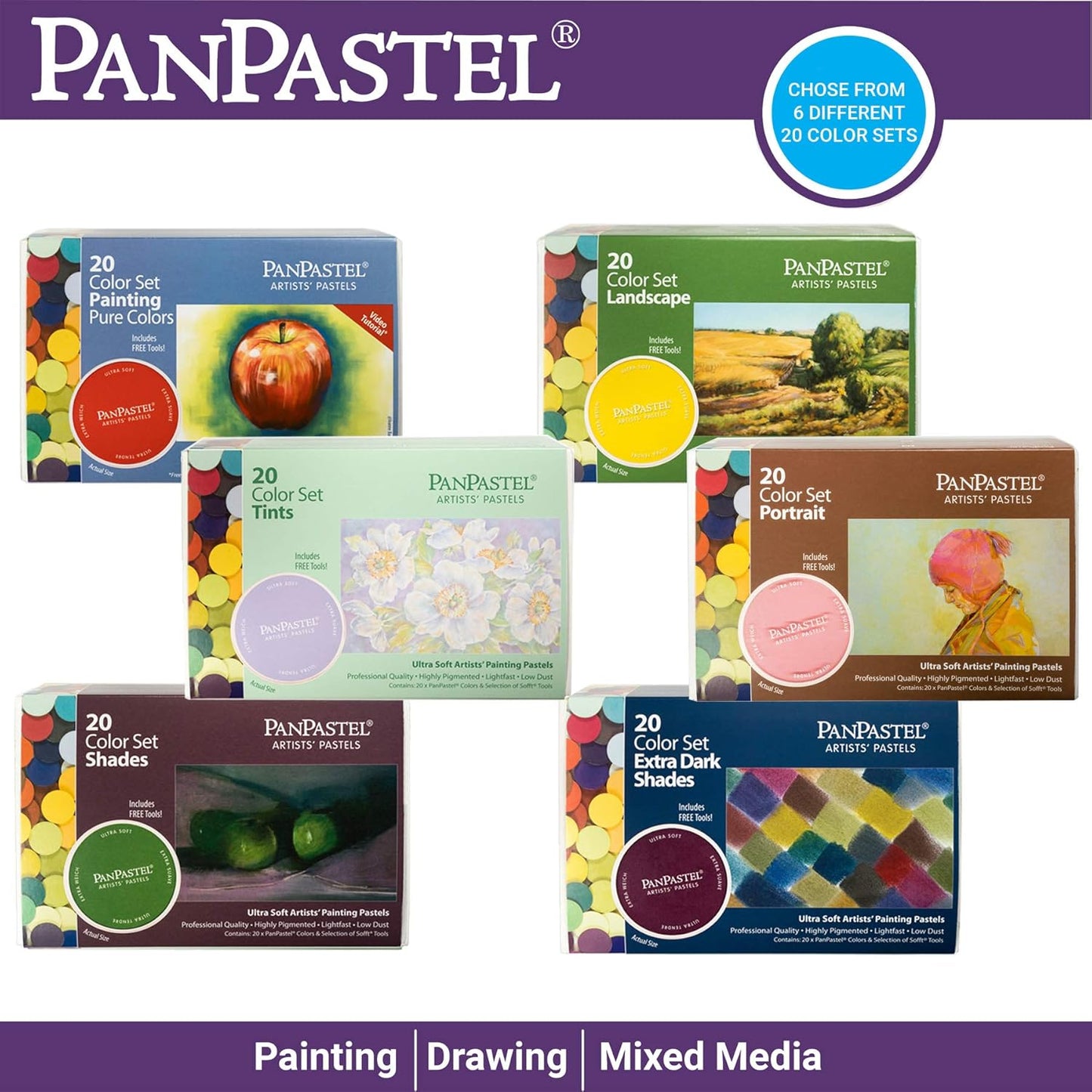 PanPastel Artist Pastels by GOLDEN, Painting Set, 20 Color, Professional Artist Pastels, Unique Pan Format (cake-like)