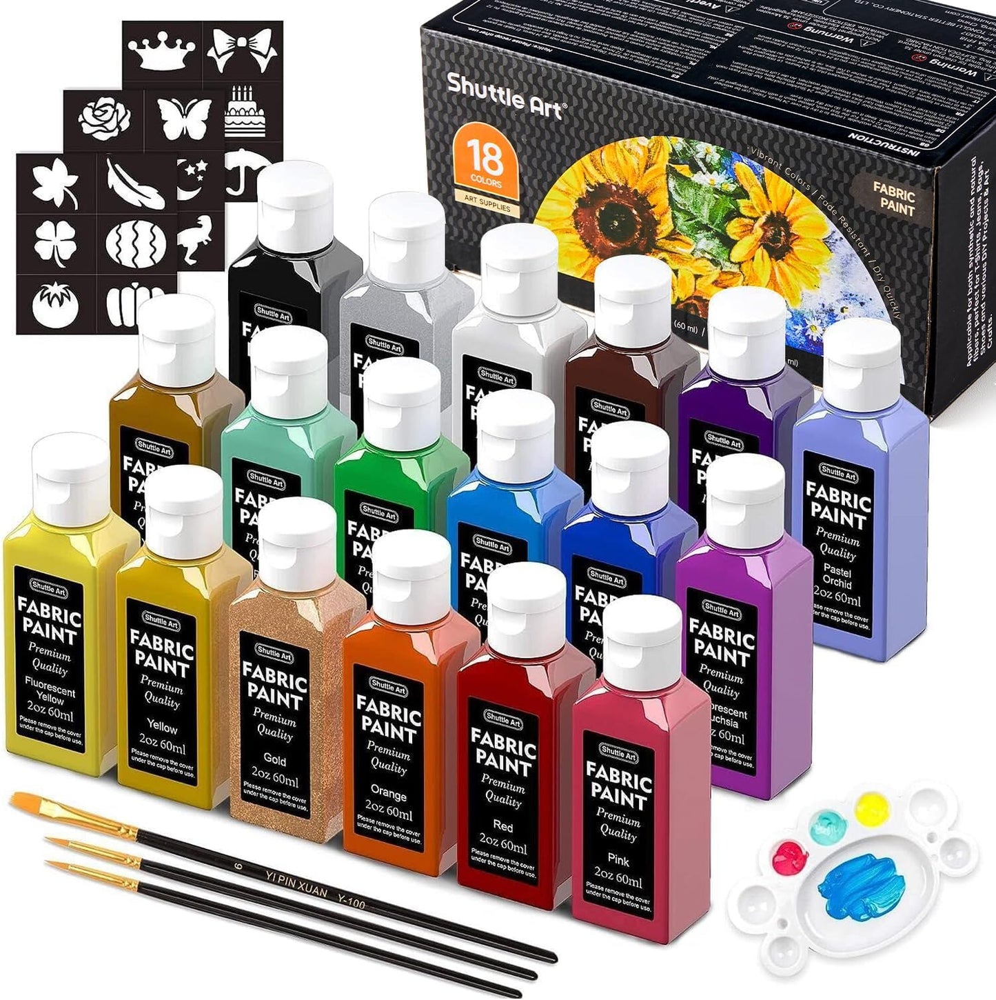 Fabric Paint, Shuttle Art 18 Colors Permanent Soft Fabric Paint in Bottles (60ml/2oz) with Brushes, Palette, Stencils, Non-Toxic Textile Paint for T-Shirts, Shoes, Jeans, Bags, DIY Projects&Art