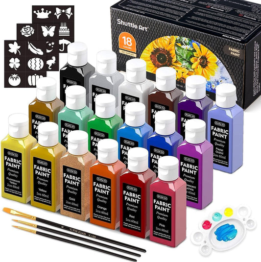 Fabric Paint, Shuttle Art 18 Colors Permanent Soft Fabric Paint in Bottles (60ml/2oz) with Brushes, Palette, Stencils, Non-Toxic Textile Paint for T-Shirts, Shoes, Jeans, Bags, DIY Projects&Art