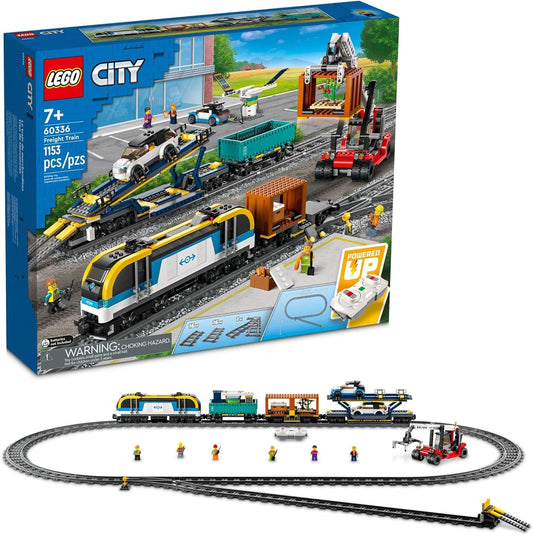 LEGO City Freight Train Set, 60336 Remote Control Toy for Kids Aged 7 Plus with Sounds, 2 Wagons, Car Transporter, 33 Track Pieces and 2 EV Car Toys