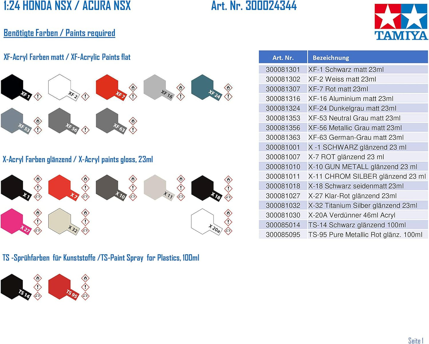 Tamiya 24344 1/24 Honda NSX Plastic Model Kit