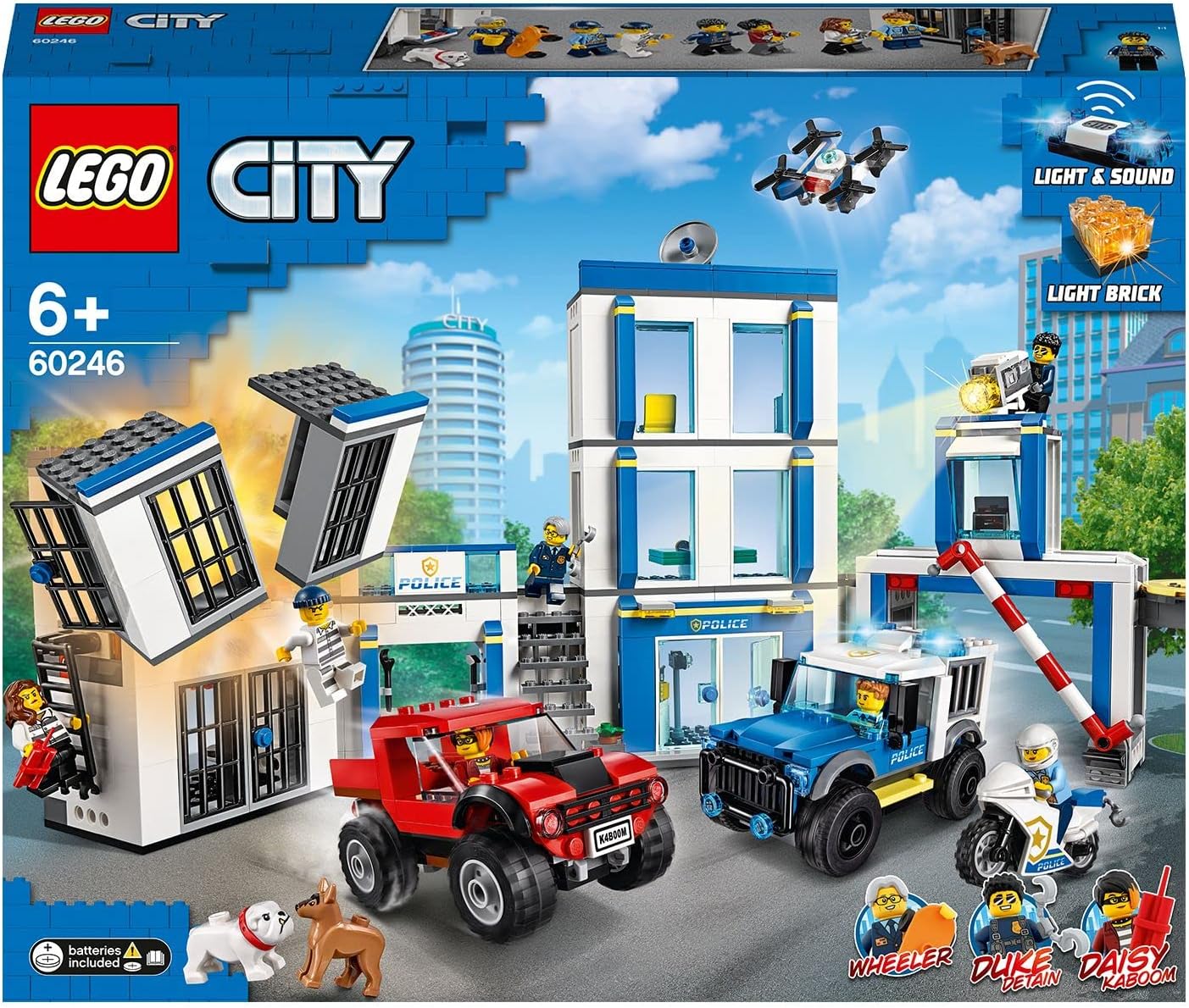 LEGO 60246 City Police Station Building Set with 2 Truck Toys, Light & Sound Bricks, Drone and Motorbike