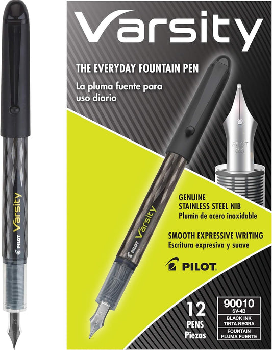 PILOT Varsity Pre-Filled Fountain Pens, Medium Point Stainless Steel Nib, Black Ink, 12-Pack