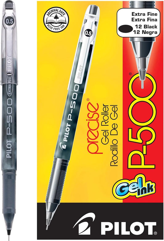 PILOT, Precise P-500 Gel Ink Rolling Ball Stick Pens, Extra Fine Point 0.5 mm, Black, Pack of 12