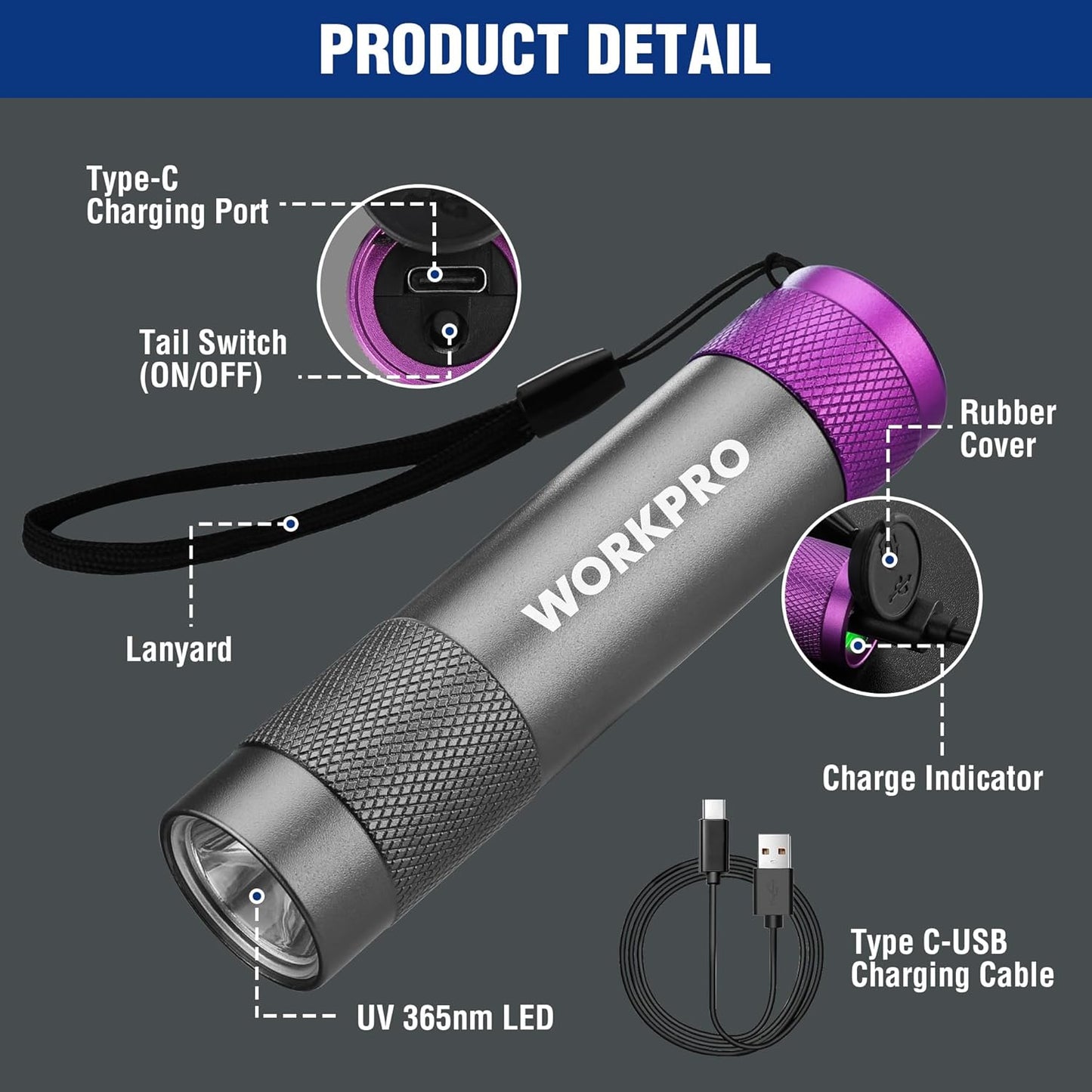 WORKPRO UV Flashlight Black Light, 365nm UV Rechargeable Flashlight, Small Portable Black Light for Pet Dog Urine, Stains Detection/Resin Curing/Fluorescent Agent
