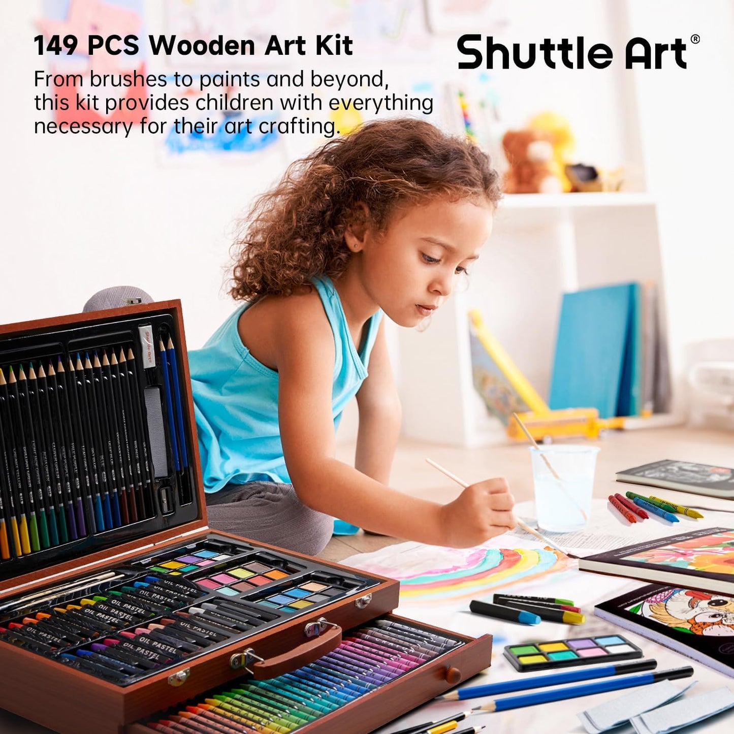 Shuttle Art 186 Piece Deluxe Art Set, Wooden Case, Art Supplies for Kids, Teens & Adults