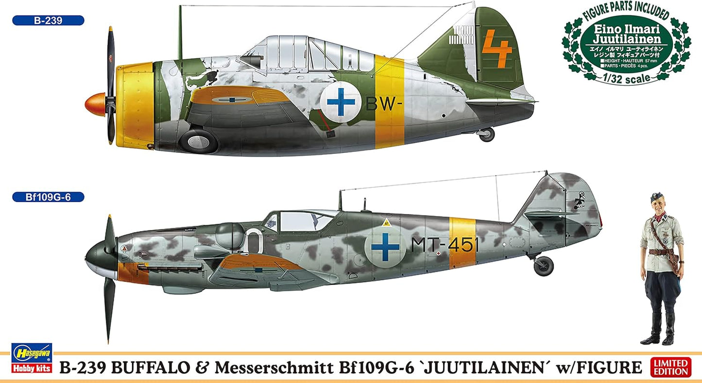 Hasegawa 02439 1/72 Finnish Air Force B-239 Buffalo & Messerschmitt Bf109G-6 Uilainen w/Figure Plastic Model