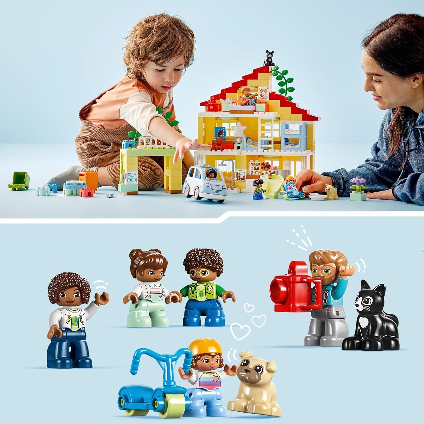LEGO 10994 DUPLO Town 3in1 Family House Building Set with Dollhouse, Includes Toy Animals, Toy Car and Minifigures, Construction Kit for Toddler with Luminous Light Block, Gift Idea, from 3 Years