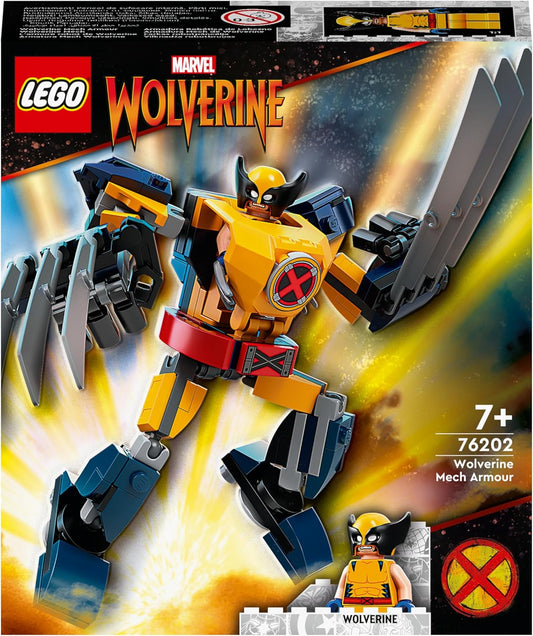 LEGO Marvel Wolverine Mech Armor 76202 building kit with Wolverine minifigure, 141 pieces, collectible mech for Marvel fans aged 7+