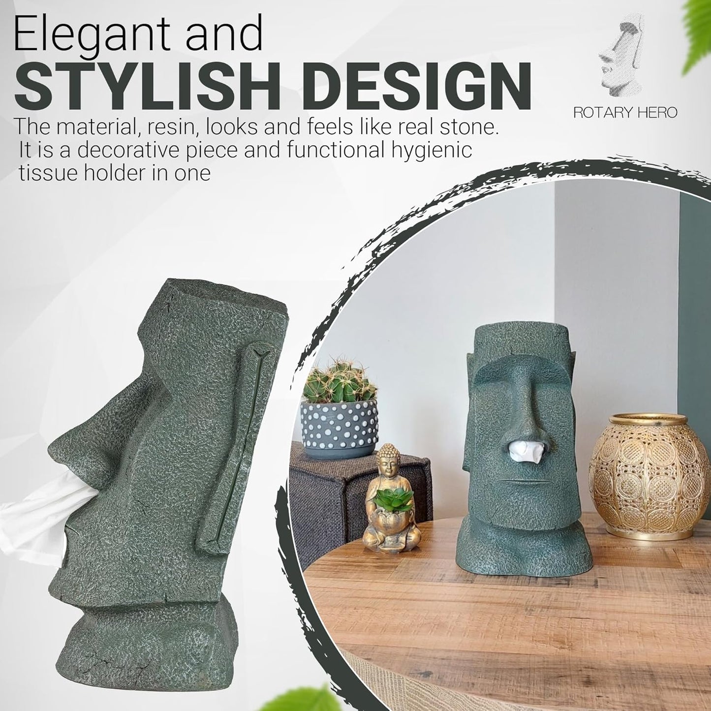 Rotary Hero - Moai Tissue Box Holder for Bathroom, Bedroom Dressers, Night Stands, Desks and Tables - Grey
