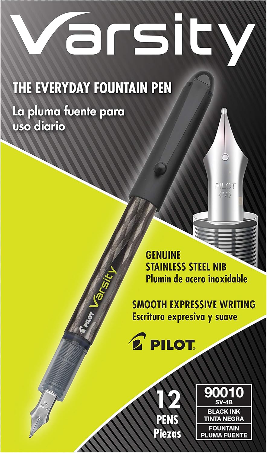PILOT Varsity Pre-Filled Fountain Pens, Medium Point Stainless Steel Nib, Black Ink, 12-Pack