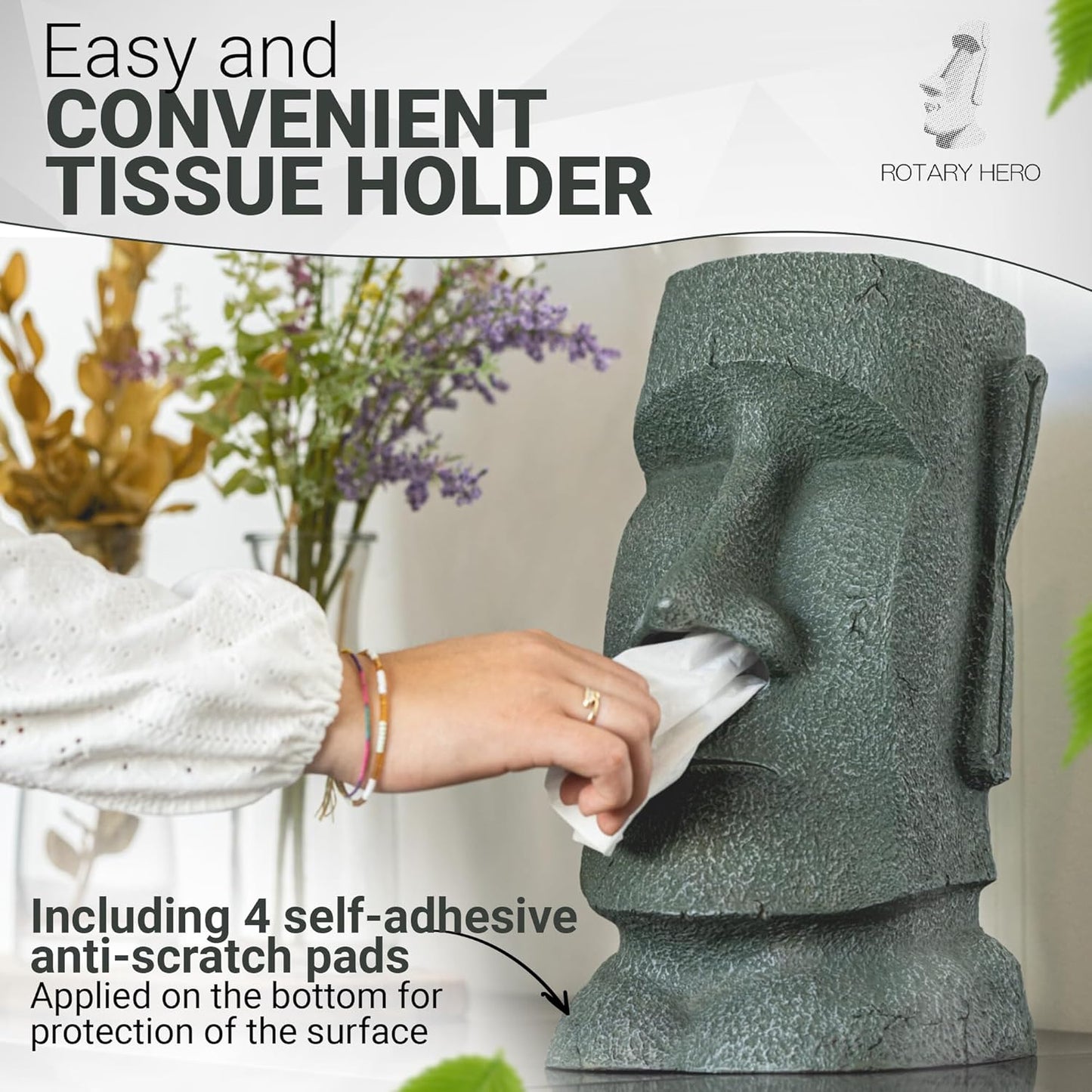 Rotary Hero - Moai Tissue Box Holder for Bathroom, Bedroom Dressers, Night Stands, Desks and Tables - Grey