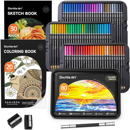 Shuttle Art 80 Colored Pencils, Soft Core Color Pencils with Coloring Book, Sketch Pad and Sharpener, Premium Color Pencils for Adult Coloring, Sketching and Drawing, Art Supplies for Kids & Adults