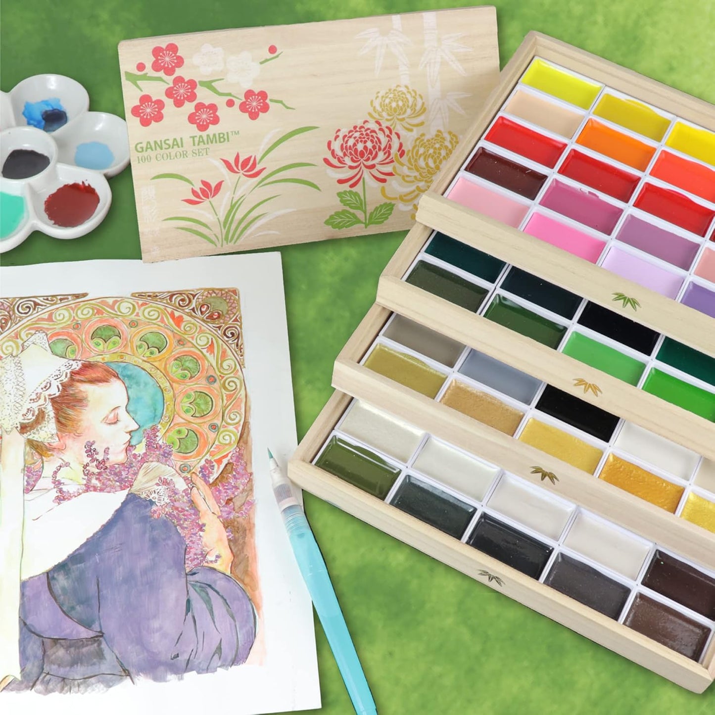 Kuretake GANSAI TAMBI Watercolor Paint Set, 100 Color, Beautiful Wooden Box, Professional-Quality for Artists, for Adult, Made in Japan