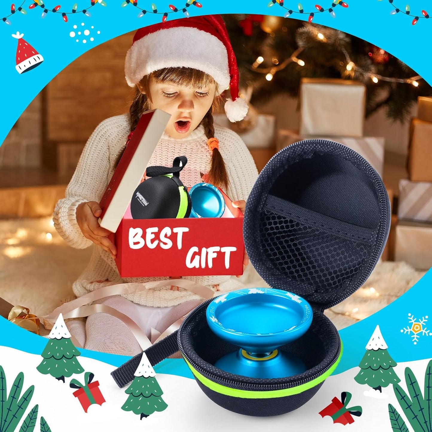 MAGICYOYO V10 Finger Spin Yoyo Professional Metal Trick Yoyo Responsive & Unresponsive Dual Purpose Yo Yo with Storage Case + Yo Yo Glove +12 Strings(Blue)