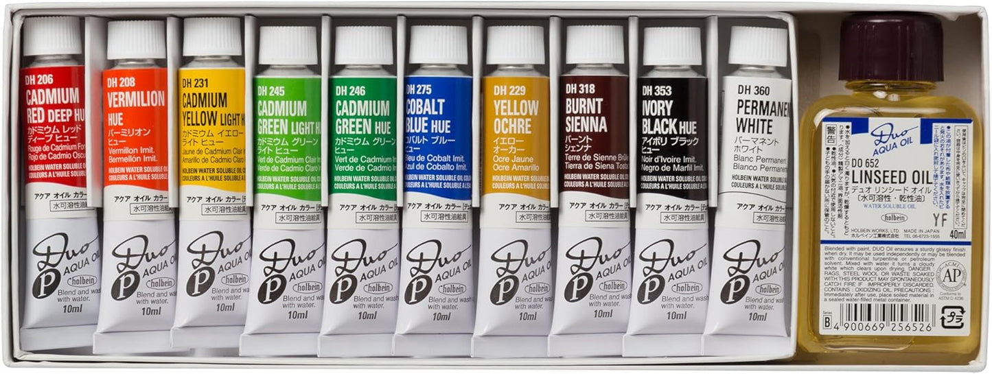 Holbein Duo Aqua Oil Compact Set of 10, 10ml tubes + 40ml Linseed Oil