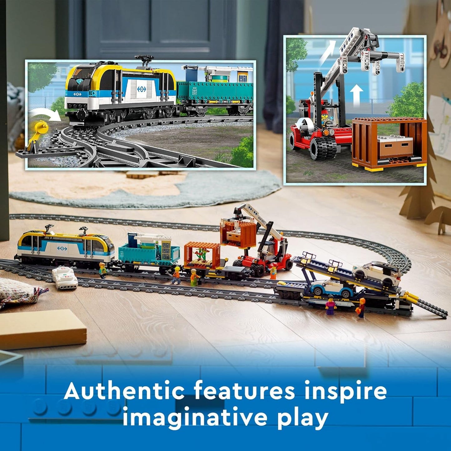 LEGO City Freight Train Set, 60336 Remote Control Toy for Kids Aged 7 Plus with Sounds, 2 Wagons, Car Transporter, 33 Track Pieces and 2 EV Car Toys