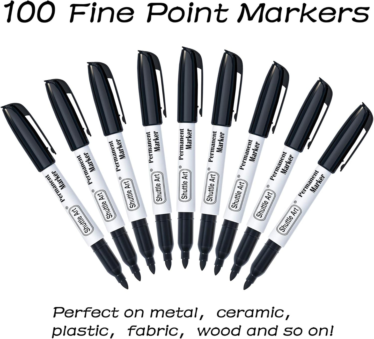 Shuttle Art Permanent Markers, 100 Pack Black Permanent Marker set,Fine Point, Works on Plastic,Wood,Stone,Metal and Glass for Doodling, Marking