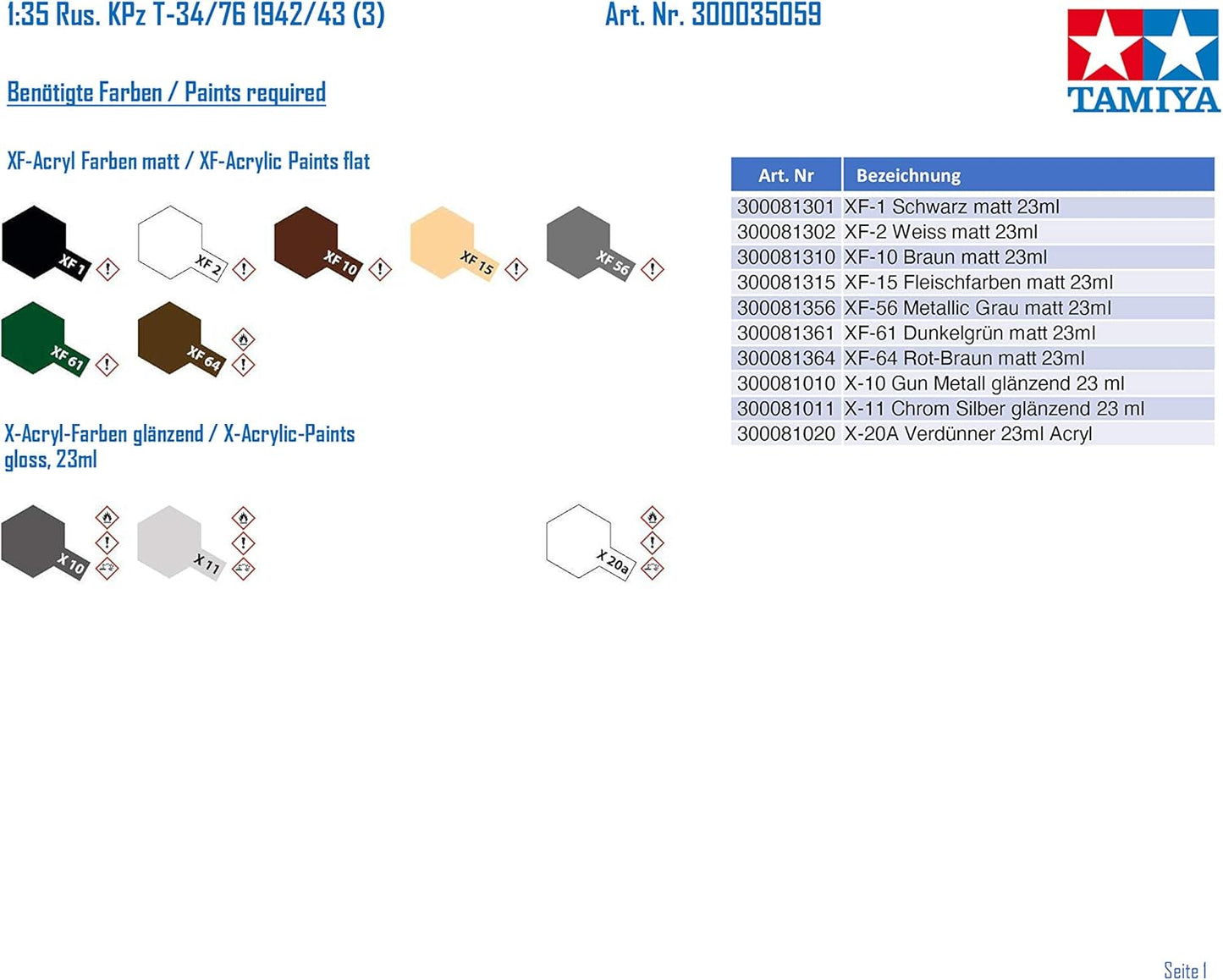 Tamiya 35059 1/35 Russian T34/76 1943 Tank Plastic Model Kit