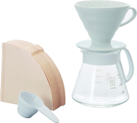 Hario V60 Ceramic Pour Over Coffee Set, Size 02, White