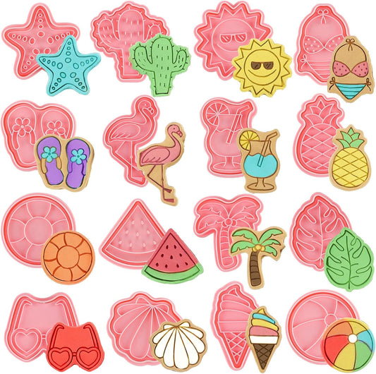 16 Pcs Summer Beach Cookie Cutters with Plunger Stamps Set Tropical Cookie Molds Beach Party Supplies Biscuit Fondant Cutters, Pineapple Flamingo Palm Tree Starfish Seashell Sunglasses Ice Cream