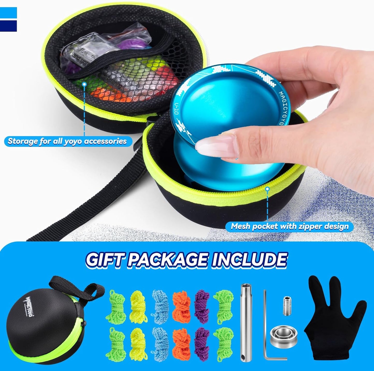 MAGICYOYO V10 Finger Spin Yoyo Professional Metal Trick Yoyo Responsive & Unresponsive Dual Purpose Yo Yo with Storage Case + Yo Yo Glove +12 Strings(Blue)
