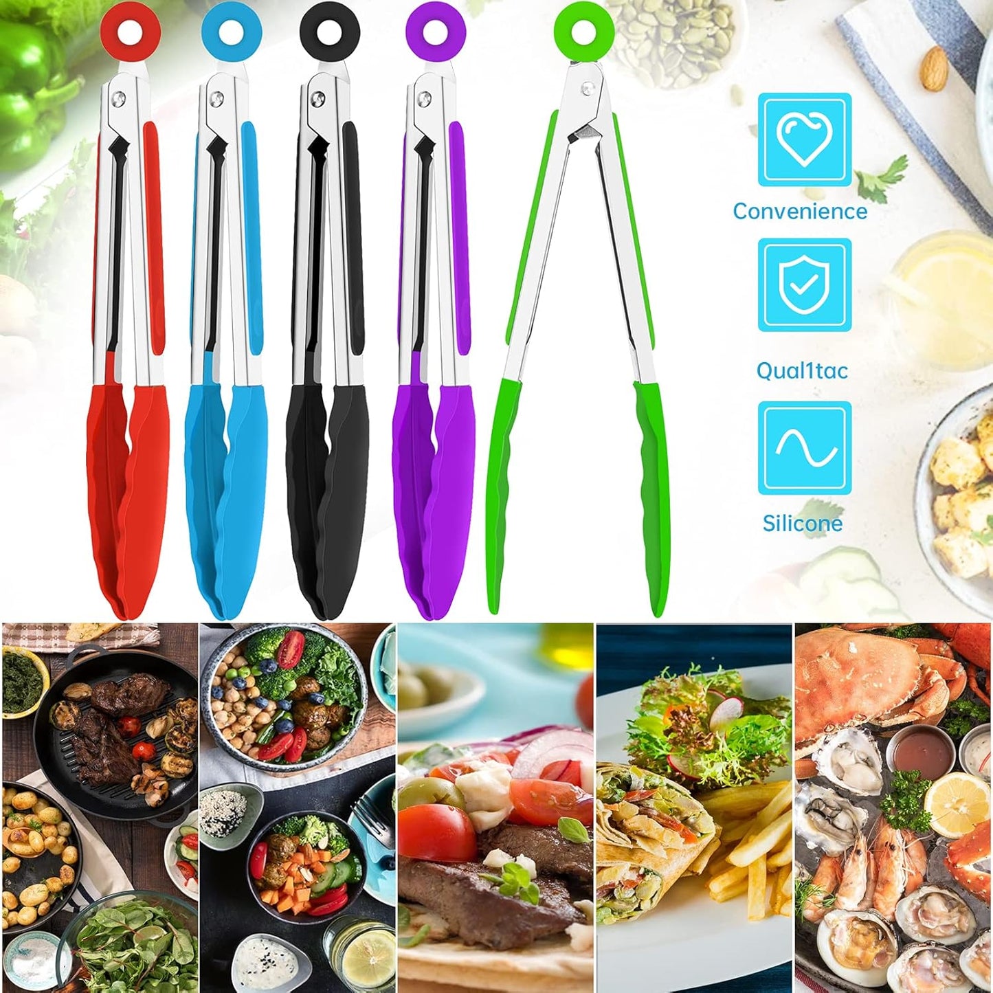 7 Inch Silicone small Tongs Set, mini Kitchen tongs with Silicone Tips Food Tongs Stainless Steel Cooking Tongs for Salad, Grilling, Frying and Cooking (Blue,Green,Red,Purple,Black, 5 Pieces)