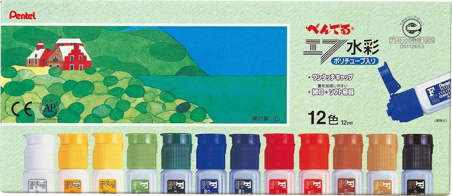 Pentel Efu Watercolor Paints WFC1-12 in Poly Tube, 12 Colors