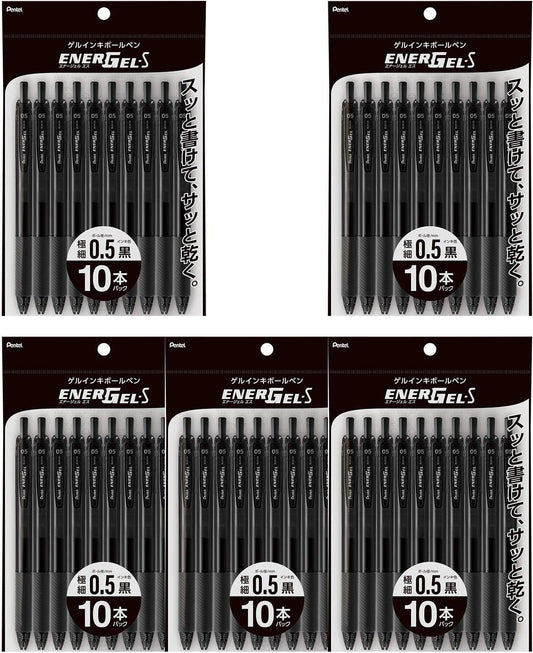 Pentel XBLN125-A10 EnerGel Ink Ballpoint Pen, 0.02 inches (0.5 mm), Black, Pack of 10, 5 Pieces