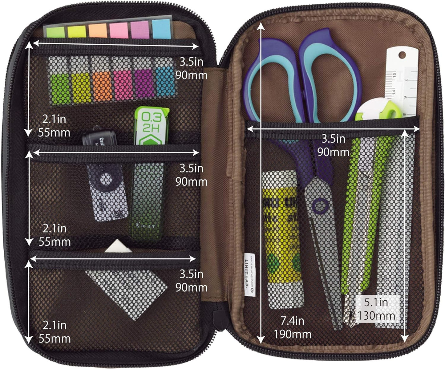 LIHIT LAB Large Capacity Triple Zipper Pencil Case For School Office College, Big Capacity 8 Compartments Pencil Bag Holder Adults Teen Boys Girls, Travel Cosmetics Storage, Black (A7556-24)