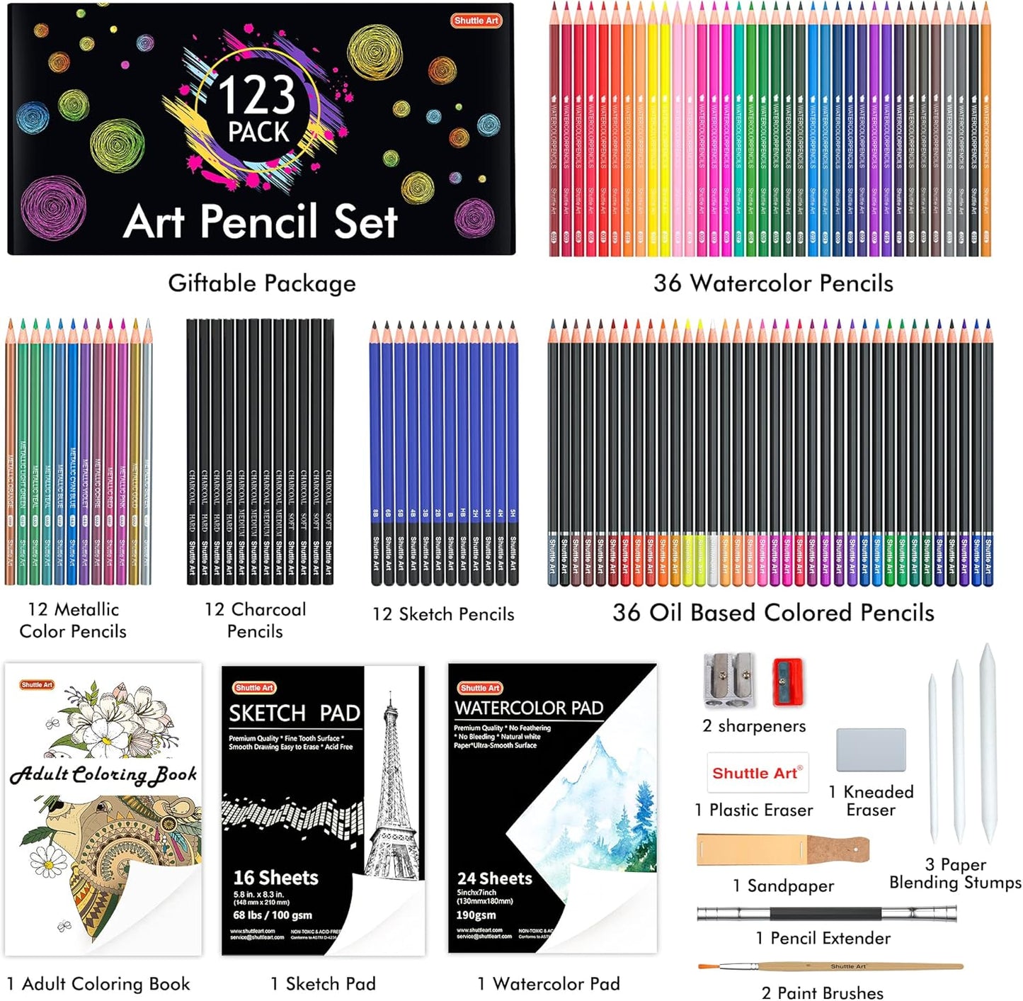 Shuttle Art Professional Drawing Kit, 123 Pieces of Drawing Pencils Set Includes Colouring Pencils, Watercolor, Charcoal, Graphite and Sketch, Ideal for Adults Children Artists