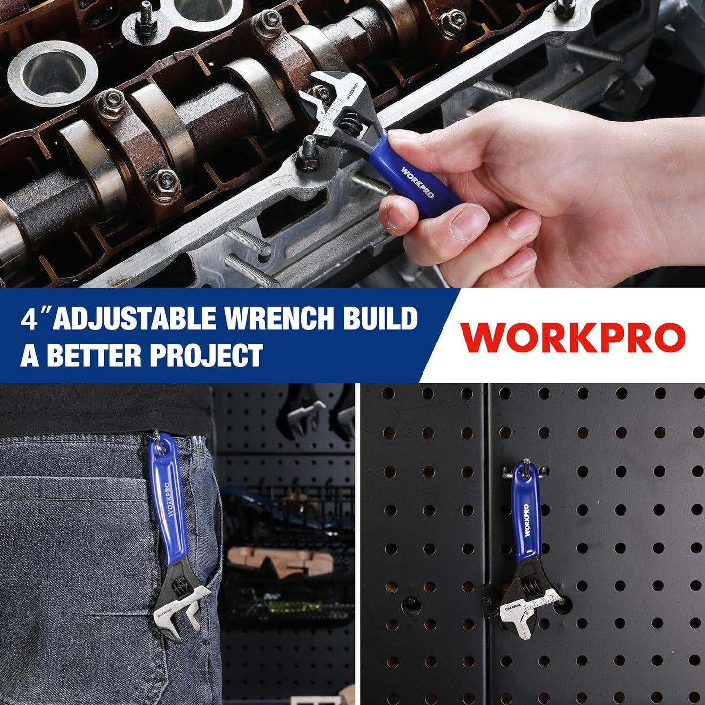 WORKPRO 4-Inch Adjustable Wrench, Cr-V Steel Wrench, Wide Jaw Black Oxide Wrench, Metric & SAE Scales, for Home, Garage, Workshop and DIY