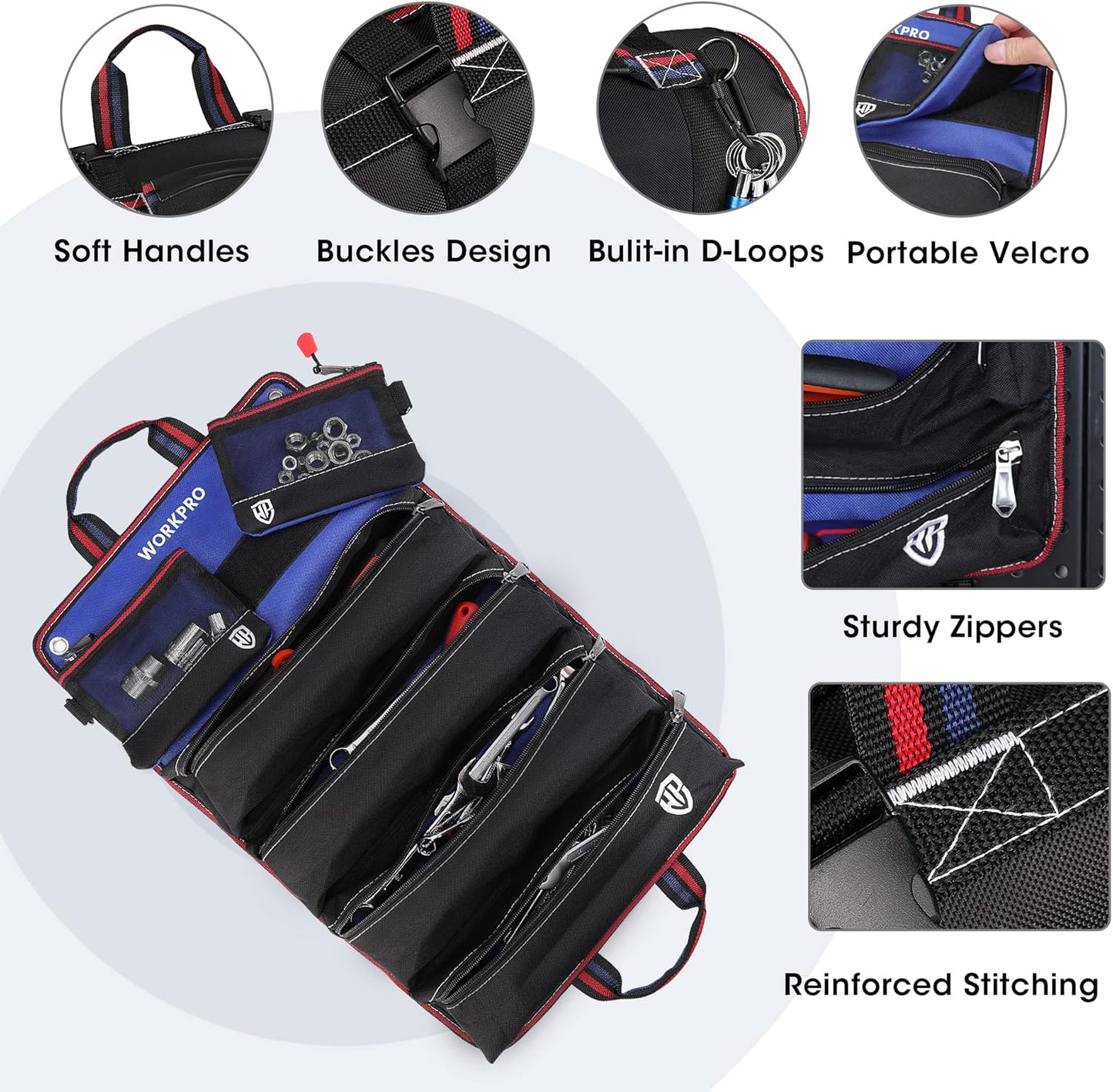 WORKPRO Roll Up Tool Bag With Detachable Pouches, Heavy Duty Organizer With 6 Pockets for Mechanic, Electrician, Plumber and Carpenter