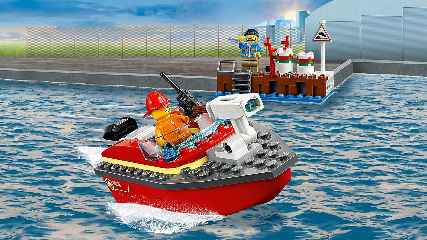 City Fire Dock Side Fire Boat Playset, Firefighter Minifigure & Acessories, Bath Toys for Kids