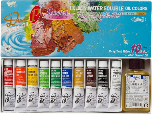 Holbein Duo Aqua Oil Compact Set of 10, 10ml tubes + 40ml Linseed Oil
