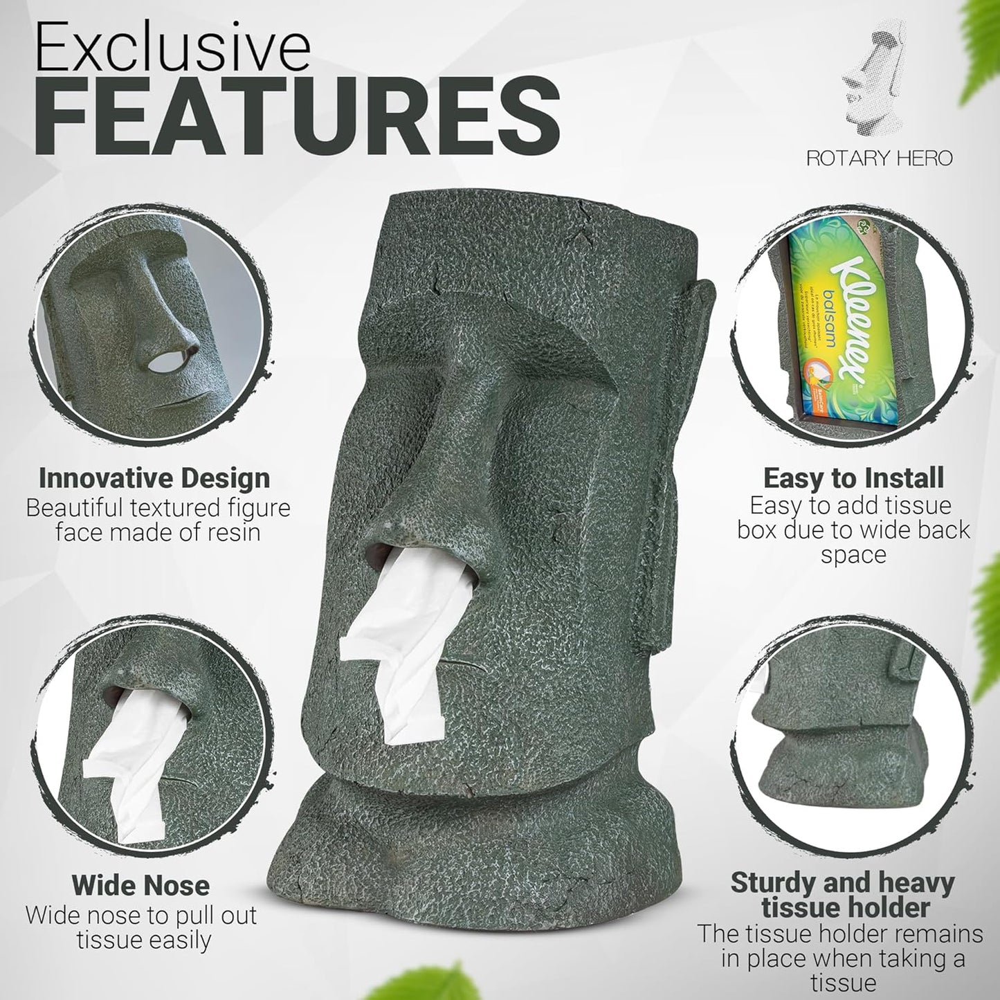 Rotary Hero - Moai Tissue Box Holder for Bathroom, Bedroom Dressers, Night Stands, Desks and Tables - Grey