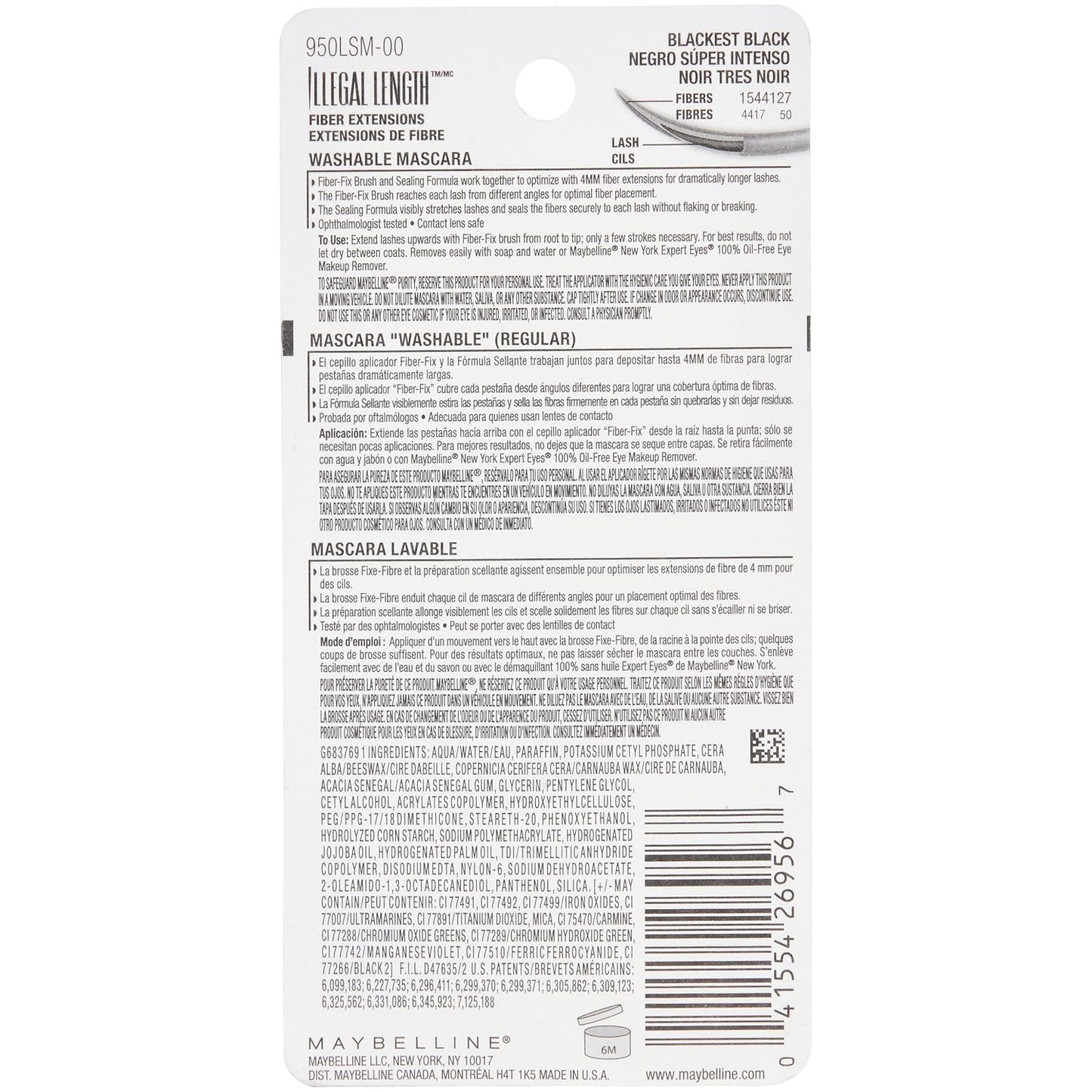 Maybelline Illegal Length Fiber Extensions Washable Mascara, Instant Lashes, No Flaking, Blackest Black, 1 Count