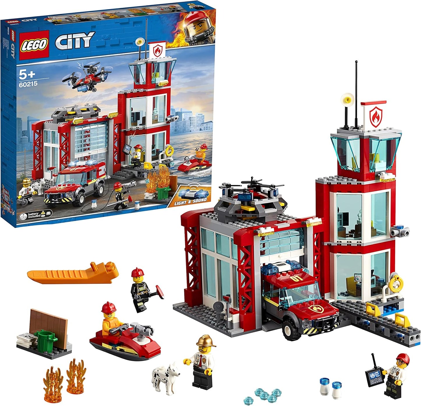 City Fire Station Building Set, Fire Toy Truck Water Scooter & Drone, Firefighter Toys for Kids