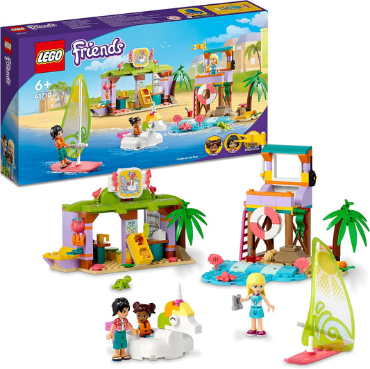 LEGO Friends 41710 Surfer Beach Fun set with mini-dolls, surfboards, and lifeguard tower