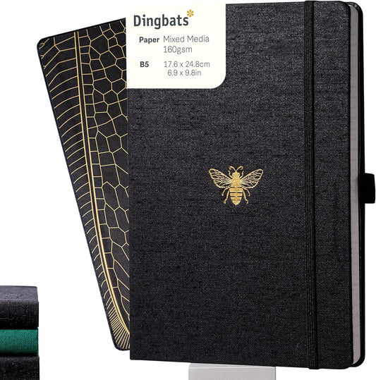 Dingbats* Pro Dotted Large B5 Notebook - Black Textile Cover, Thread-Bound Writing Journal - for Work, Travel - Pocket, Elastic Closure, Bookmark
