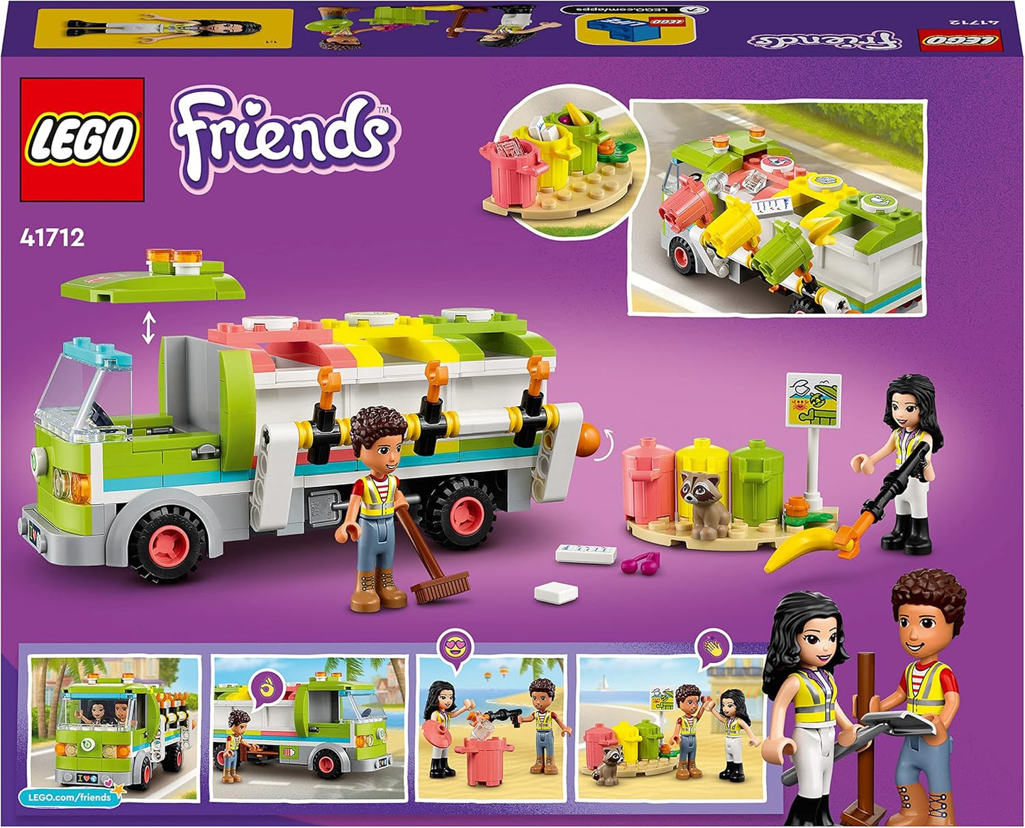 LEGO 41712 Friends Recycling Truck Toy for 6 Year Old Kids with Dumpsters and Trash Bins, Educational and Fun Set on Garbage Collector Craft