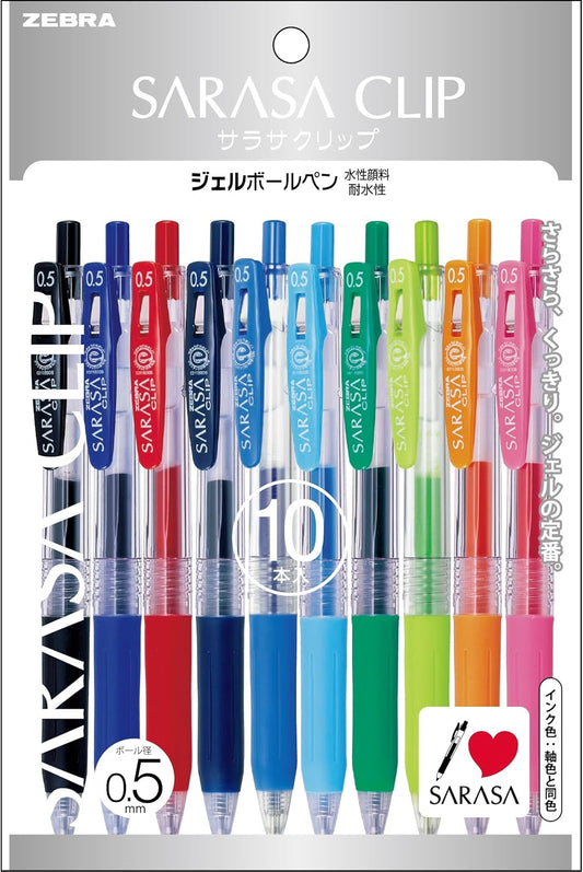 ZEBRA Sarasa Push Clip Gel Ink Pen - 0.5 mm - 10 Color Set